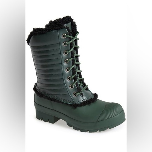 HUNTER ORIGINAL GENUINE SHEARLING & PATENT LEATHER LACE-UP RAIN BOOT Size 7